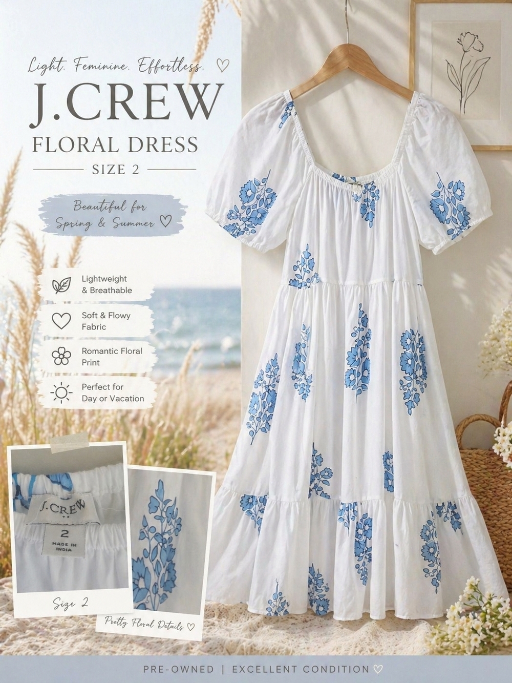 Mothers Day!J.CREW White Dress with Blue Floral Print